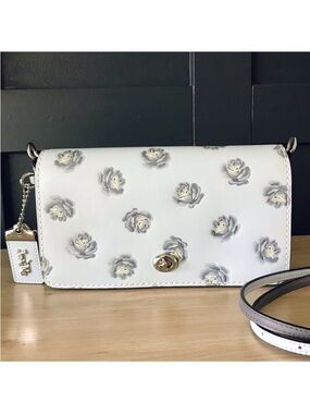 Coach Dinky With Glitter Rose Print Crossbody 31679 Sky Blue/Silver